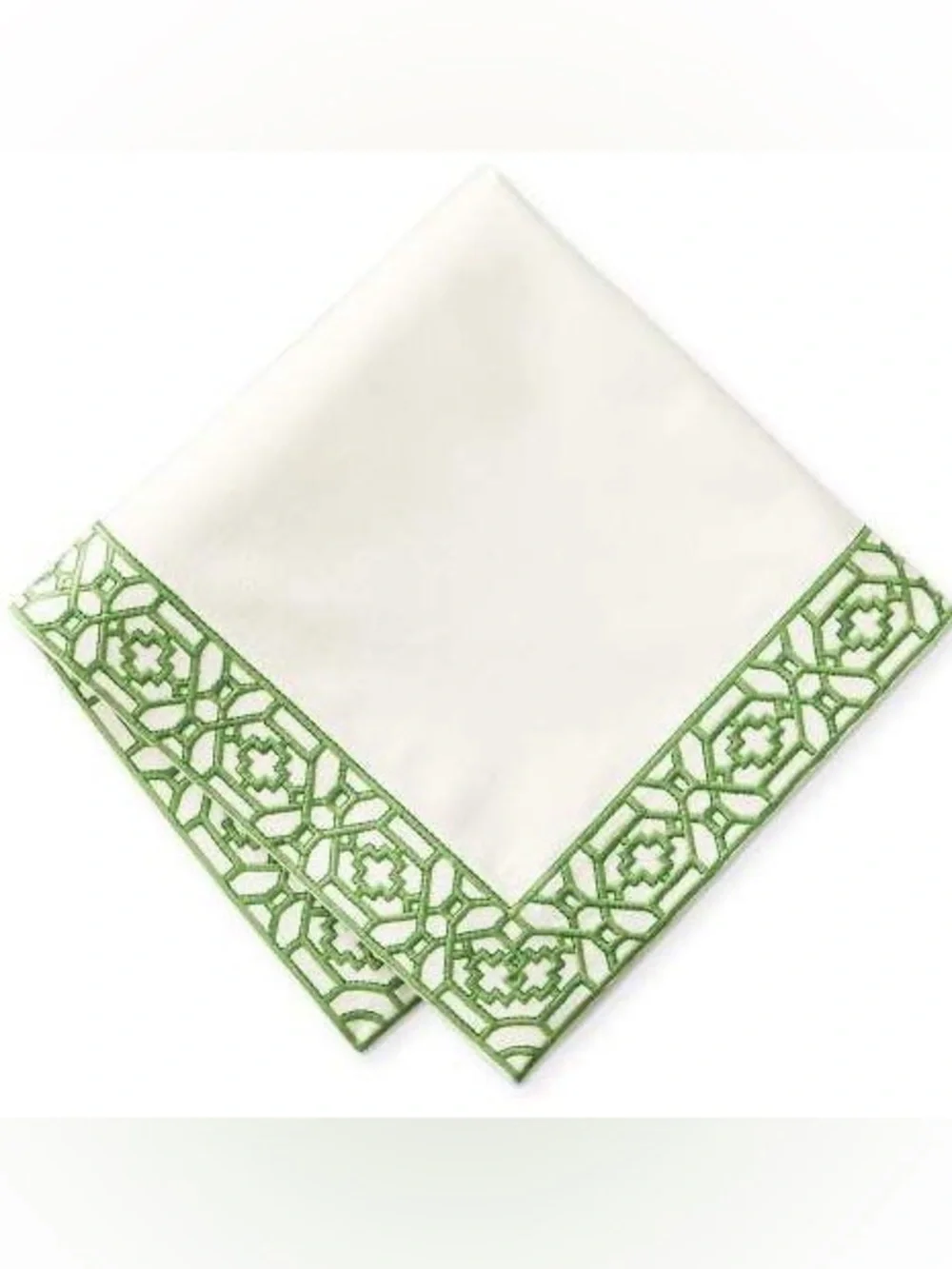 Williams Sonoma Green Fretwork Geometric Embroidered cotton Table Napkin linen